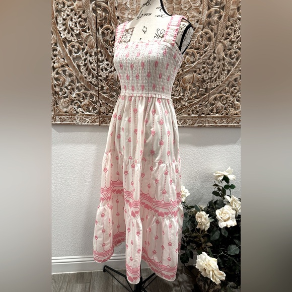 Umgee White & Pink Smocked Top Tiered Skirt Embroidered Heart Detail Maxi Dress - Picture 4 of 15